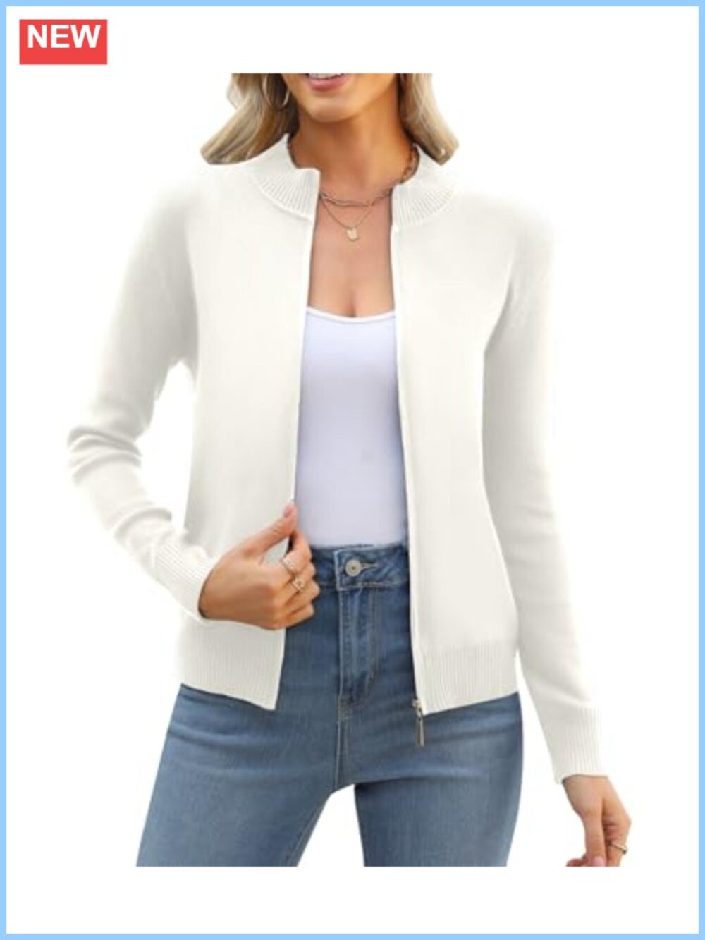 Women's Zip Up Cardigan Sweater Lightweight Knitted Long Sleeve Crew Neck